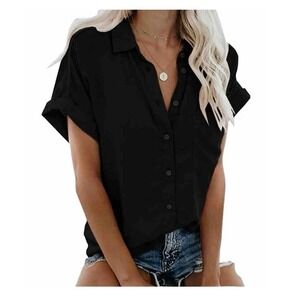 Apraw Womens Black 100% Cotton Short Sleeve Button Down Shirt XL Pocket Slub